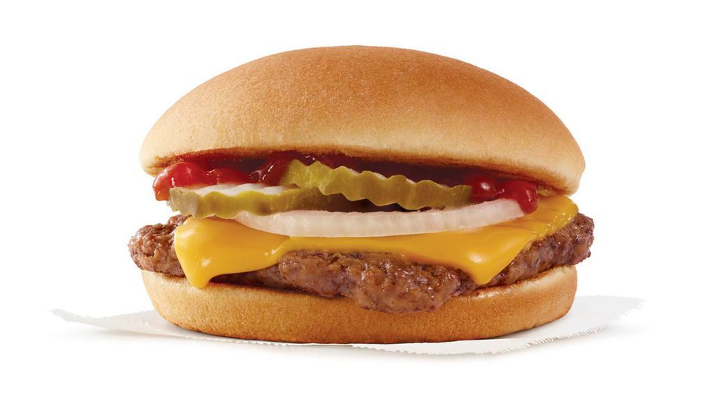 Cheeseburger · Just the right size cheeseburger - Wendy's Junior Cheeseburger with 100% fresh North American beef and topped with cheese, pickles, and onions.