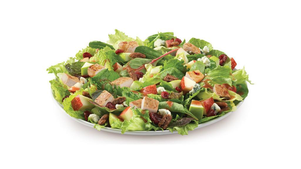 Apple Pecan Salad · Made fresh daily with Wendy’s signature lettuce blend, crisp red and green apples, dried cranberries, roasted pecans, crumbled blue cheese, and grilled chicken breast hot off the grill, all topped with Marzetti® Simply Dressed® Pomegranate Vinaigrette. An unbeatable pick.