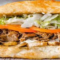 2. HOLLYWOULD'S SF CHEESESTEAK · Steak, Mushrooms, Provolone. All sandwiches are served hot with dirty sauce, lettuce, and to...