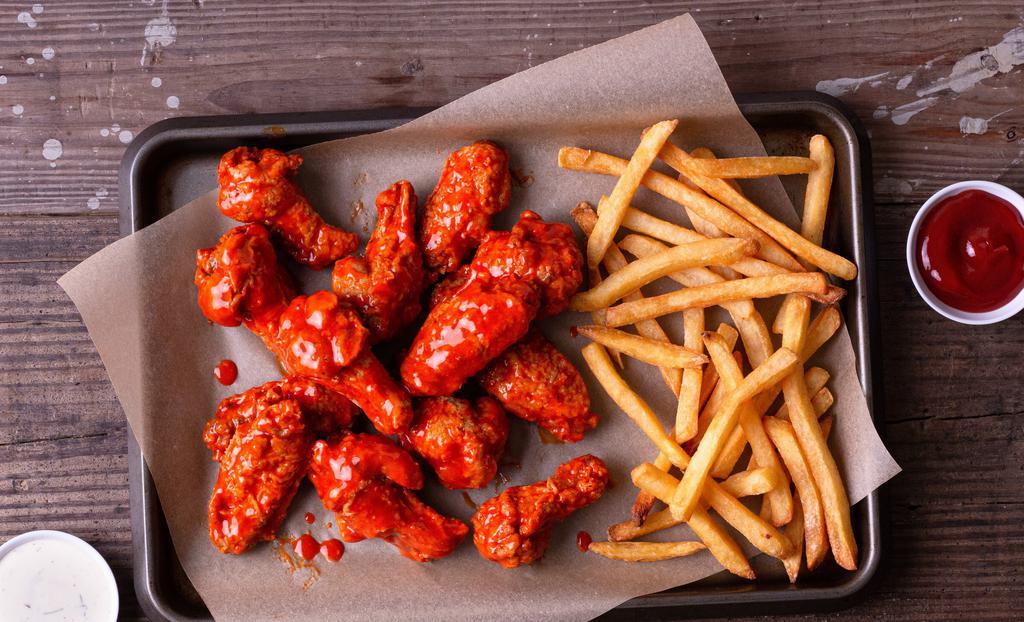 8 Plant-Based Wing Combo · 8 antibiotic-free wings fried to a crisp, with your choice of 1 flavor, Choice of 1 side, 1 drink, and 1 dip.