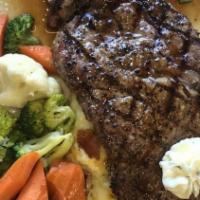 London Grilled Rib Eye · Spice-Rubbed, Aged, Grilled to Temperature Mashed Potatoes, Seasonal Vegetables Classic Stea...