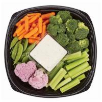 Ready-to-Go Garden Vegetable Tray · Carrots, Celery, Cauliflower, Broccoli, & Sugar Snap Peas with Ranch Dip