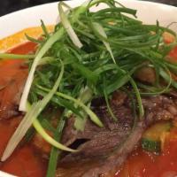 BK Brisket Jjamppong · Spicy seafood soup with beef brisket, vegetable and noodles.