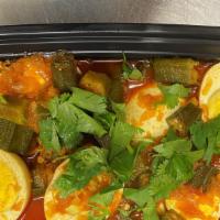 Egg Okra Curry · May not be vege. for some vegan.  Hard boiled egg & okra cooked with onion, garlic, tomato &...