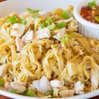 Garlic Noodle · Flour noodles, garlic and scallions tossed in a special house sauce with chicken. (vegetaria...
