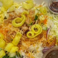 Rainbow Salad · Variety of noodles & rice with crispy onion, cilantro, bean powder, cabbage, vege. oil, tama...