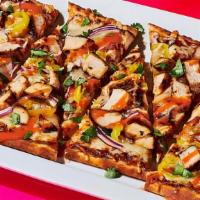 New! Bbq Chicken Flatbread · Honey Bourbon BBQ sauce, cheddar manchego cheeses, grilled chicken breast, red onion, tangy ...