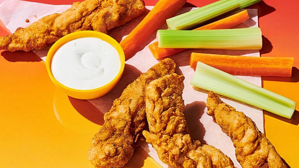 Crispy Chicken Tenders · Naked or your choice of sauce or dry rub. Served with celery, carrot sticks, and choice of Ranch or Bleu Cheese.