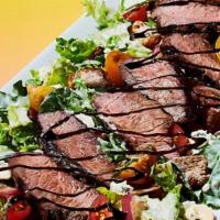 Grilled Steak Salad · Spring mix, grape tomatoes, Danish Bleu cheese crumbles, candied pecans, croutons, white bal...