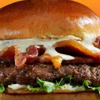 Beastmode Bacon Burger · Blue moon BBQ braised pork belly, Applewood smoked bacon, sharp white cheddar, bacon jam, le...