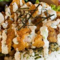 Crispy Chicken Bowl · All natural sake brined panko chicken, served on furikake white rice, topped with seasoned s...