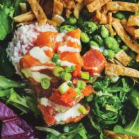 Ahi Tuna Salad · Ahi tuna, seaweed salad, seasoned edamame, wonton crisps,
wasabi mayo, imitation crab salad,...