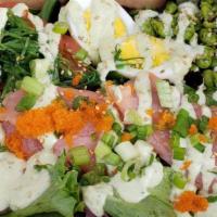 Smoked Salmon Salad · Spring mix, smoked salmon, seaweed salad, seasoned edamame, wasabi mayo, masago, hardboiled ...