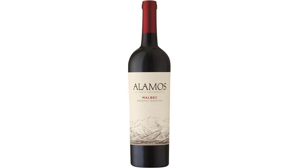 Alamos Malbec (750 Ml) · Alamos Malbec captures the spirit and terroir of Argentina’s signature variety. Grown at high-level altitudes, our Malbec offers layers of dark cherry and blackberry with a velvety mouthfeel. This complex red wine pairs beautifully with a wide range of cuisine and is recognized for its pronounced fresh style.