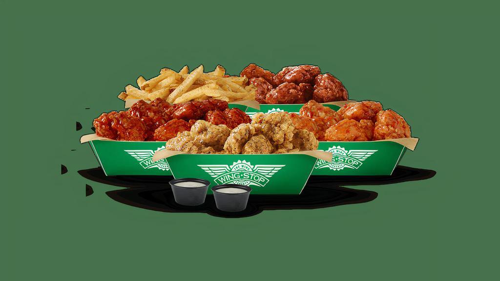 Boneless Meal Deal · Comes with 20 Boneless Wings in your choice of 4 flavors, with a large fry and 2 dips. (Feeds 3-4)
