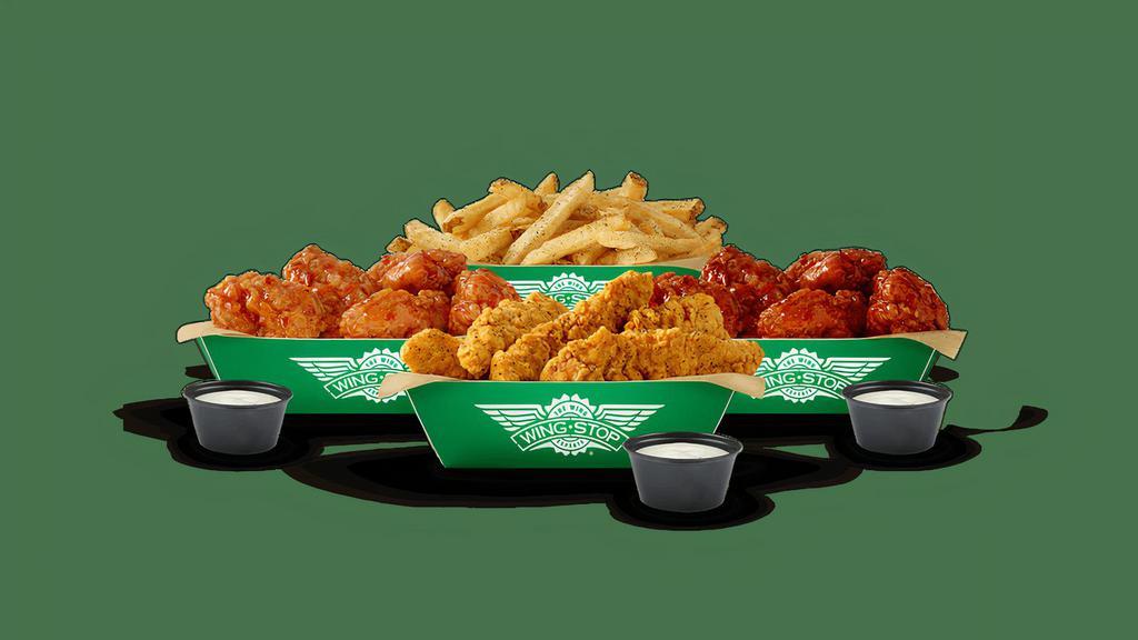 All-In Bundle · 16 boneless wings and 6 crispy tenders with up to 4 flavors, large fries, and 3 dips. (Feeds 3-4)