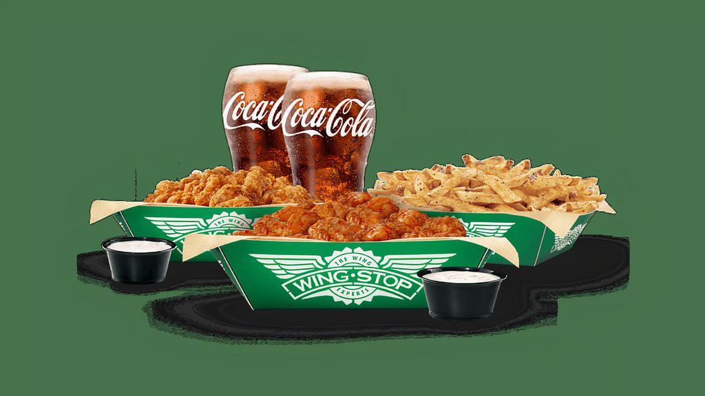 Thigh Bites Meal for 2 · 2 regular orders of juicy, breaded, bite-sized boneless chicken in your choice of 2 flavors, large fries, 2 dips and 2 20oz drinks.