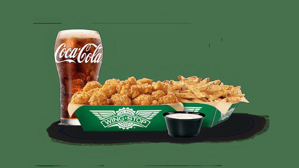 Large Thigh Bites Combo · 1  large order of juicy, breaded, bite-sized boneless chicken in your favorite flavor, regular fries or veggie sticks, 1 dip and a 20oz drink.