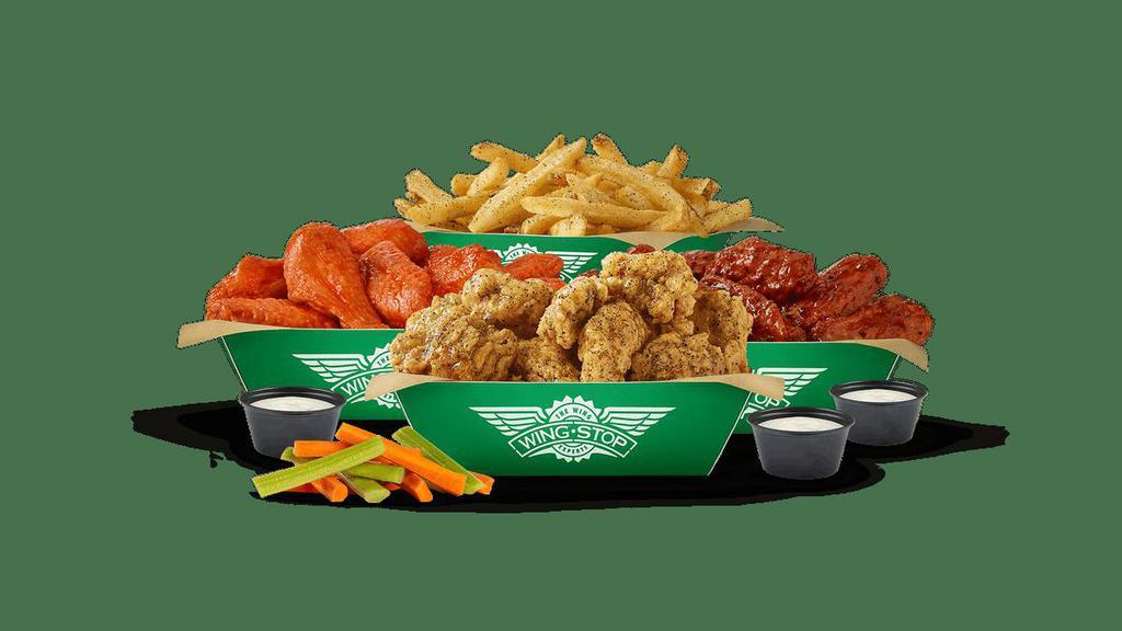 30Pc Crew Pack · 30 Boneless or Classic (Bone-In) wings with up to 3 flavors, large fries, veggie sticks and 3 dips. (Feeds 4-5)