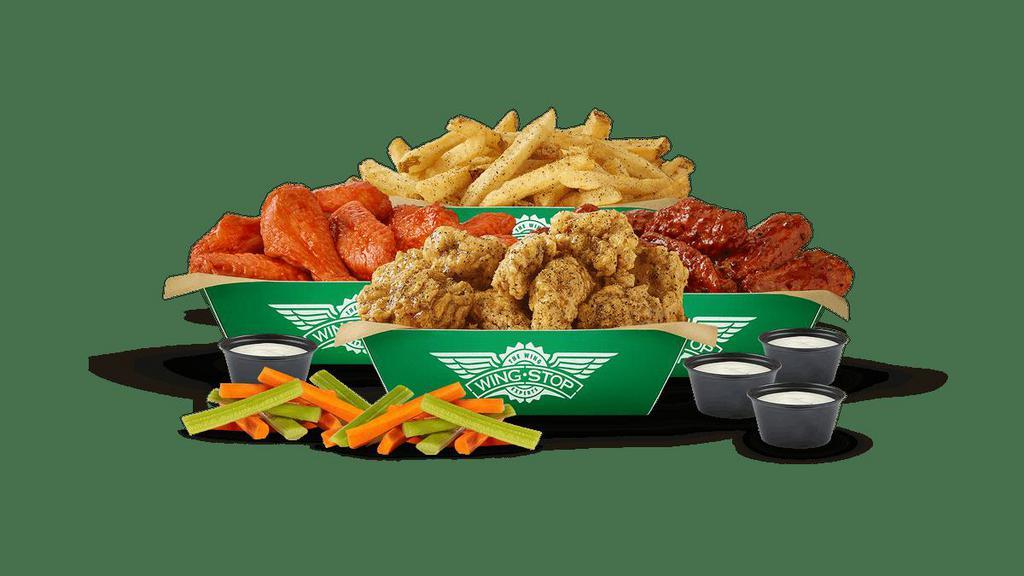 40Pc Group Pack · 40 Boneless or Classic (Bone-In) wings with up to 4 flavors, large fries, 2 veggie sticks and 4 dips. (Feeds 5-6)