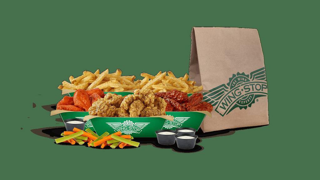 50Pc Party Pack · 50 Boneless or Classic (Bone-In) wings with up to 4 flavors, 2 large fries, 2 veggie sticks and 4 dips. (Feeds 6-9)