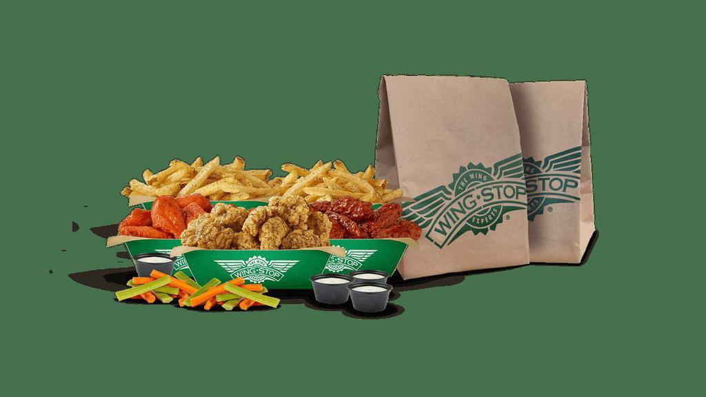 100Pc Pack · 100 Boneless or Classic (Bone-In) wings with up to 6 flavors, 4 large fries, 4 veggie sticks and 8 dips. (Feeds 13+)