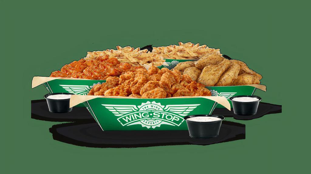 Classic Wings And Large Thigh Bites Group Pack · 2 large orders of Thigh Bites (juicy, breaded, bite-sized boneless chicken) in your choice of 2 flavors and 10 Classic wings in your choice of flavor, 2 large fries and 3 dips. (Feeds 3-5)