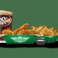 Small 3 Pc Crispy Tender Combo · 3 Crispy Tenders with 1 flavor, regular fries or veggie sticks, 1 dip and a 20 oz drink