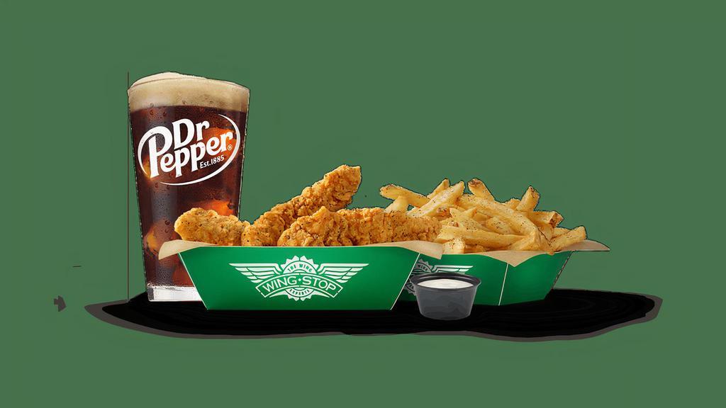Small 3 Pc Crispy Tender Combo · 3 Crispy Tenders with 1 flavor, regular fries or veggie sticks, 1 dip and a 20 oz drink