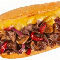#35 Cheese Steak Melt · 1/4 lb. of warm, tender steak combined with sautéed mushrooms, roasted red peppers, and slic...