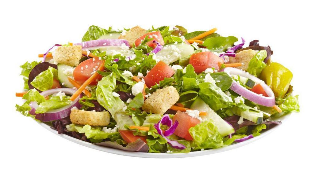 Farmer'S Market Salad · Cucumbers, carrots, cabbage, tomatoes, feta, red onions, pepperoncinis & croutons with Italian dressing