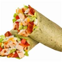 Bacon Ranch Chicken Wrap · Chicken, bacon, cheddar cheese, lettuce and tomatoes, with Ranch dressing, wrapped in a spin...