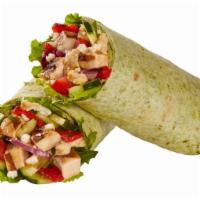 Mediterranean Chicken Wrap · Grilled chicken, hummus, feta, roasted red bells, tomatoes, red onions & balsamic dressing, ...