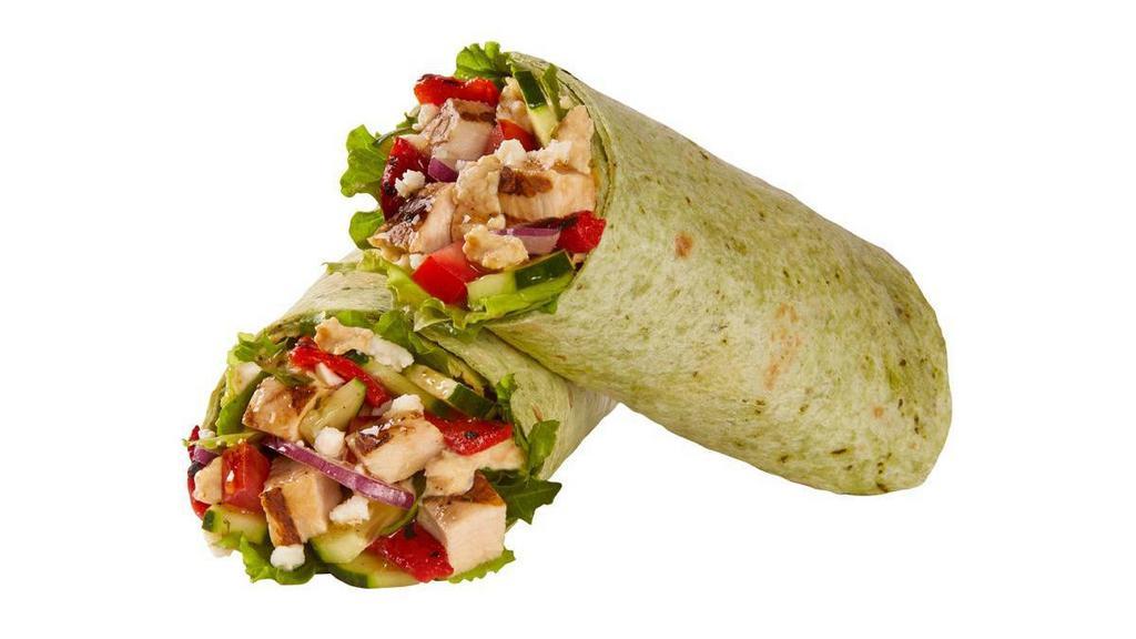 Mediterranean Chicken Wrap · Grilled chicken, hummus, feta, roasted red peppers, cucumbers, tomatoes, red onions & Balsamic dressing, wrapped in a spinach tortilla