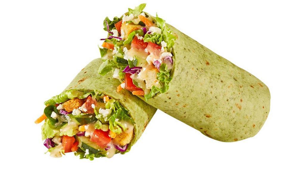 Farmer'S Market Wrap · Cucumbers, carrots, cabbage, tomatoes, feta, red onions, pepperoncinis & croutons with Italian dressing, wrapped in a spinach tortilla