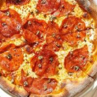 Pepperoni · Rustic and spicy pepperoni with fresh Mozzarella and wild Greek oregano. Also available with...