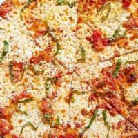 Margherita · Crushed tomatoes with fresh Mozzarella, fresh basil and Parmesan.. [Calories listed are per ...