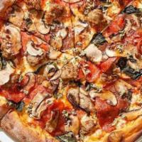 Mushroom Pepperoni Sausage · Cremini mushrooms, rustic pepperoni, spicy Italian sausage, fresh torn basil, Mozzarella and...