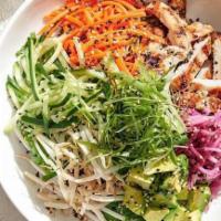 Banh Mi Power Bowl · Quinoa, baby kale, fresh cilantro & mint topped with grilled chicken, watermelon radish, fre...
