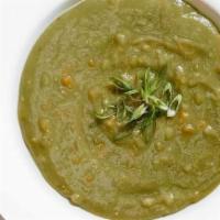 Dakota Smashed Pea + Barley  · With barley, carrots, onions, savory herbs and scallions.