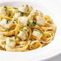 Catering Garlic Cream Fettuccine · Our garlic Parmesan cream sauce with fresh Italian parsley. Also available with chicken, shr...