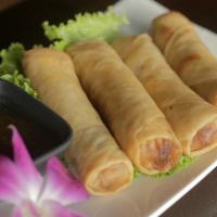 Egg Rolls · Fried spring rolls stuffed with cabbage, carrot, mushroom, glass noodle served with sweet ch...