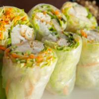 Fresh Spring Rolls · Tofu, carrot, jicama, cucumber and mint wrapped in rice paper, with dipping sauce.