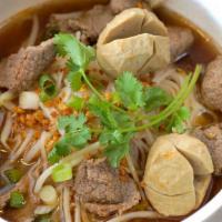 Beef Noodle Soup · Choice of rice noodles in beef broth soup, meat balls, flank beef, bean sprout, green onion.