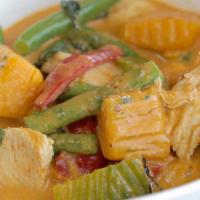 Red Curry (Entrée size doesn't come with rice) · Red Curry with thai pumpkin, green beans, bell pepper, thai basil and choice of meat or tofu.
