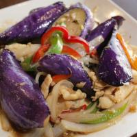Pad Eggplant (Entrée size doesn't come with rice) · Stir-fried eggplant with onion, thai basil, garlic sauce, bell pepper, and choice of meat or...