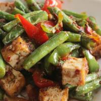 Pad Prik Khing ผัดพริกขิง (Entrée size doesn't come with rice) · Stir-fried green beans with prik khing chili paste, kaffie leaves, bell pepper, and choice o...