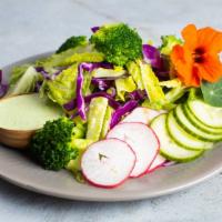 Lettuce Romaine Calm · Romaine, red cabbage, broccoli, cucumber, radish, cilantro, jalapeño cilantro dressing.