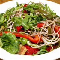 Buckwheat Noodle Salad · Buckwheat noodles, baby spinach, frisee, bacon, bell peppers, dried tomato, arugula, lime se...