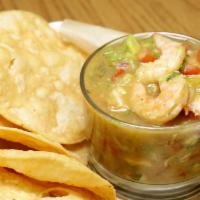 White Shrimp Ceviche · With tortilla chips.